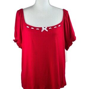 Frankee & Skylaar Short Sleeve Red White Ribbon Romantic Cottage Core Top 3X NEW